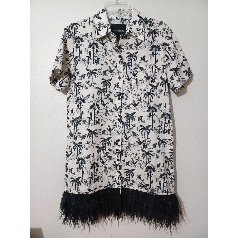 Le Superbe Palms Trees Jungle Animals Feather Fringe Dress Women Size 6